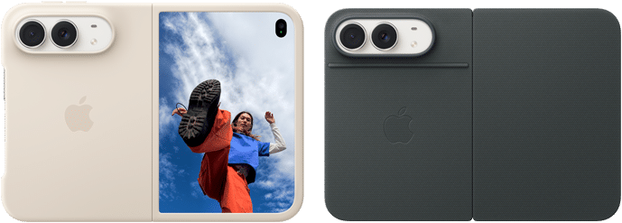 iPhone Duo, Star White color in Sand Silicone Case, landscape orientation, fully opened horizontally, Dual Fusion cameras on the top left, case covers the back exterior and outer edge of the front display, right side features portrait of person on outer display. iPhone Duo, Star White color, fully opened horizontally, Navy Blue Folio with Kickstand, fully opened horizontally, back exterior featuring the 48MP Dual Fusion rear cameras, two lenses