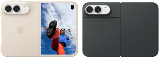 iPhone Duo, Star White color in Sand Silicone Case, landscape orientation, fully opened horizontally, Dual Fusion cameras on the top left, case covers the back exterior and outer edge of the front display, right side features portrait of person on outer display. iPhone Duo, Star White color, fully opened horizontally, Navy Blue Folio with Kickstand, fully opened horizontally, back exterior featuring the 48MP Dual Fusion rear cameras, two lenses