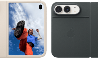 iPhone Duo, Star White color in Sand Silicone Case, landscape orientation, fully opened horizontally, Dual Fusion cameras on the top left, case covers the back exterior and outer edge of the front display, right side features portrait of person on outer display. iPhone Duo, Star White color, fully opened horizontally, Navy Blue Folio with Kickstand, fully opened horizontally, back exterior featuring the 48MP Dual Fusion rear cameras, two lenses