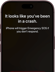 iPhone 18 Pro, Burgandy. Screen shows satellite connection interface with a green dot indicating the device's location, with text 