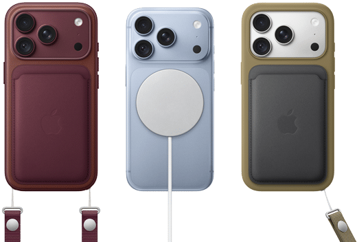 From left to right, iPhone 18 Pro in Burgundy leather case with Burgundy Crossbody strap, middle iPhone 18 Pro in Glacier with White MagSafe charger attached, right iPhone 18 Pro in Silver in green leather wallet case with wrist strap