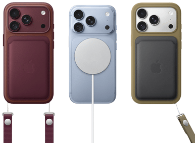 From left to right, iPhone 18 Pro in Burgundy leather case with Burgundy Crossbody strap, middle iPhone 18 Pro in Glacier with White MagSafe charger attached, right iPhone 18 Pro in Silver in green leather wallet case with wrist strap