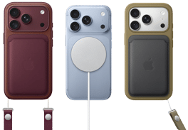 From left to right, iPhone 18 Pro in Burgundy leather case with Burgundy Crossbody strap, middle iPhone 18 Pro in Glacier with White MagSafe charger attached, right iPhone 18 Pro in Silver in green leather wallet case with wrist strap