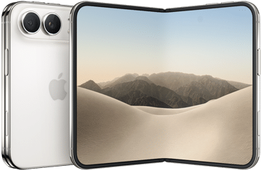 iPhone Duo, folded back exterior, Star White color, Dual Fusion camera system at top left, Apple logo in center. Unfolded interior display, all-screen design, rounded corners
