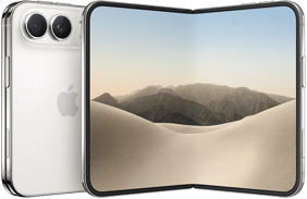 iPhone Duo, folded back exterior, Star White color, Dual Fusion camera system at top left, Apple logo in center. Unfolded interior display, all-screen design, rounded corners