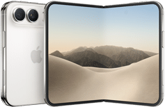 iPhone Duo, folded back exterior, Star White color, Dual Fusion camera system at top left, Apple logo in center. Unfolded interior display, all-screen design, rounded corners