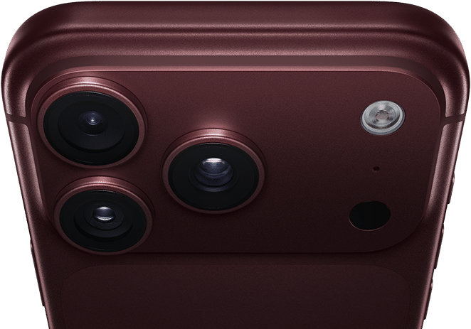 iPhone 18 Pro Max, burgundy color (dark red), back exterior, Pro Fusion camera system at top, 3 lenses, variable aperture blades partially closed, flash, microphone and LiDAR Scanner, top exterior, cellular antenna, flat sides, rounded edges
