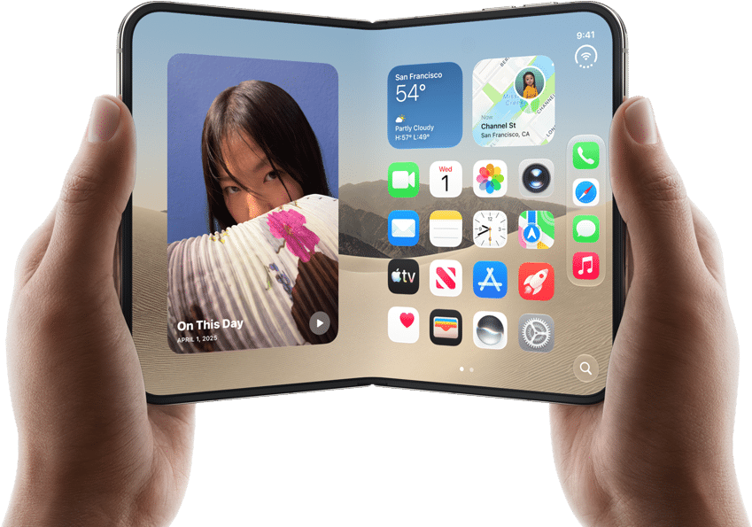 iPhone Duo, Star White color, held by two hands in landscape orientation, unfolded, interior screen displays photos on the left, apps on the right