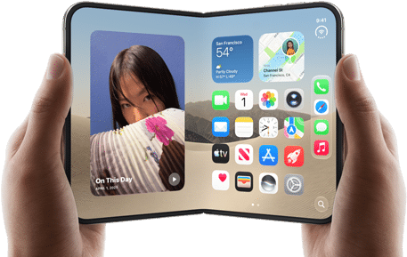 iPhone Duo, Star White color, held by two hands in landscape orientation, unfolded, interior screen displays photos on the left, apps on the right