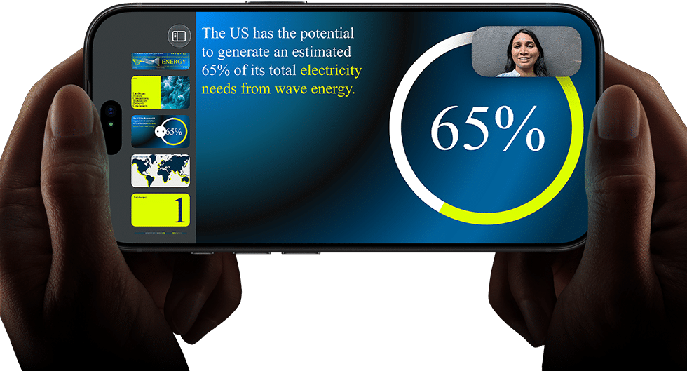 Horizontal video call demonstration of a keynote presentation on iPhone 18 Pro, Black