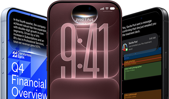 3 iPhone 18 Pro devices, in Glacier, Burgundy, Black displaying examples of AI: Banking, Siri AI, Message Summary