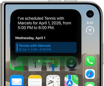 iPhone Duo, folded, outer display shows Siri AI notification indicating a calendar update