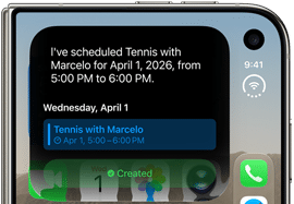 iPhone Duo, folded, outer display shows Siri AI notification indicating a calendar update