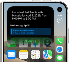 iPhone Duo, folded, outer display shows Siri AI notification indicating a calendar update