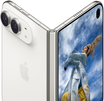 iPhone Duo, partially open like a book with hinge mechanism in the center, exterior back panel on the left features an Apple logo and dual-camera, outer display on the right shows a portrait photo of a person with blonde hair