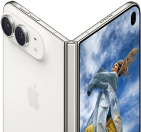 iPhone Duo, partially open like a book with hinge mechanism in the center, exterior back panel on the left features an Apple logo and dual-camera, outer display on the right shows a portrait photo of a person with blonde hair