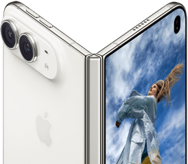 iPhone Duo, partially open like a book with hinge mechanism in the center, exterior back panel on the left features an Apple logo and dual-camera, outer display on the right shows a portrait photo of a person with blonde hair