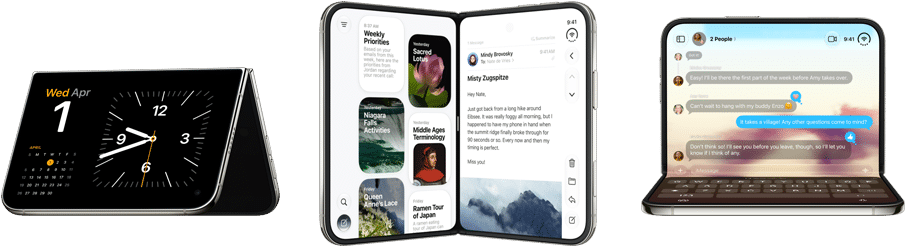 iPhone Duo, various positions: inverted open landscape orientation, unfolded at slight angle, exterior display, all-screen design. Slightly open like a book and standing upright. Open landscape orientation, unfolded at right angle, interior display, all-screen design