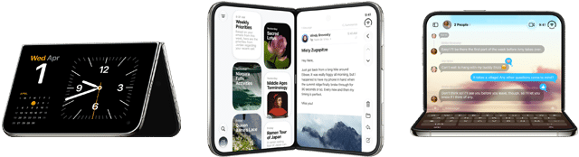 iPhone Duo, various positions: inverted open landscape orientation, unfolded at slight angle, exterior display, all-screen design. Slightly open like a book and standing upright. Open landscape orientation, unfolded at right angle, interior display, all-screen design